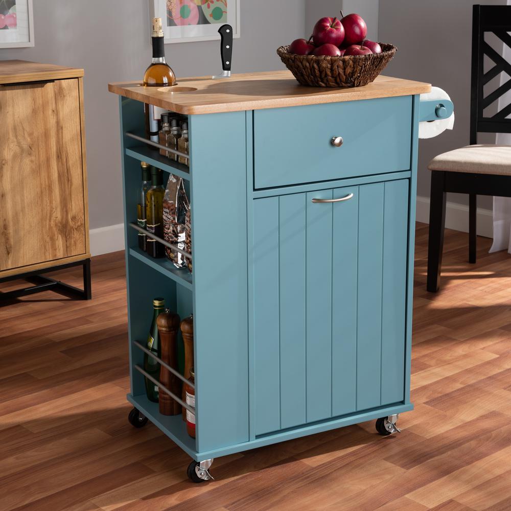 Liona Modern and Contemporary Sky Blue Finished Wood Kitchen Storage Cart. Picture 26