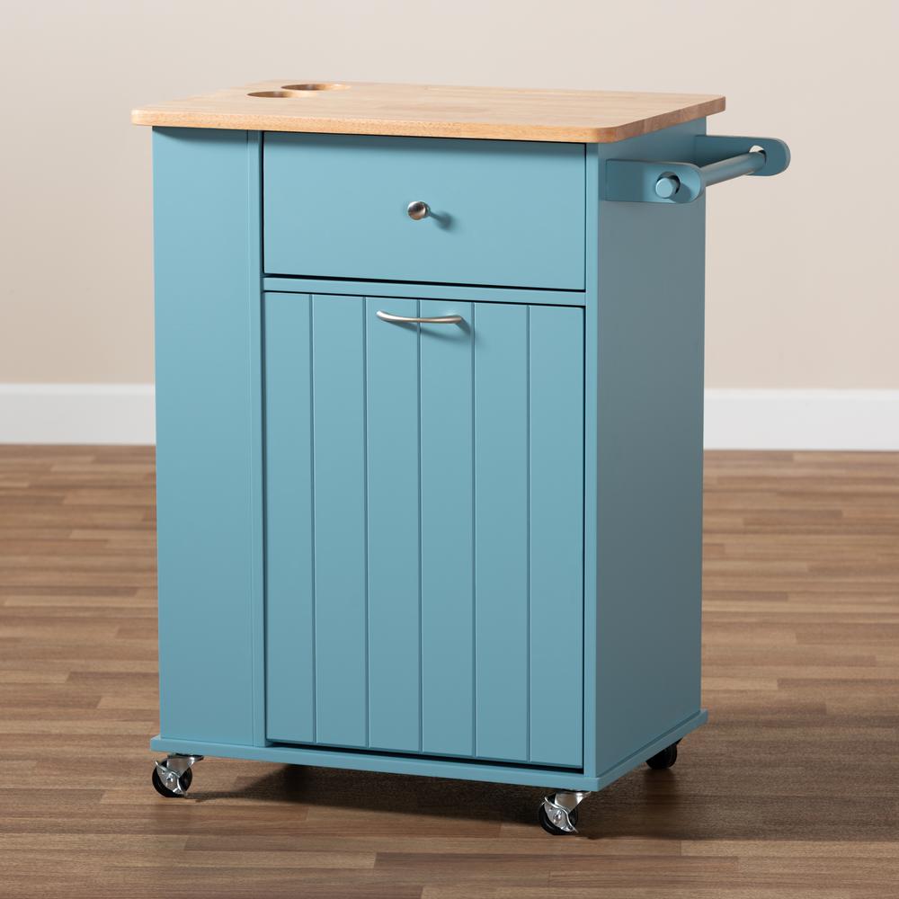 Liona Modern and Contemporary Sky Blue Finished Wood Kitchen Storage Cart. Picture 27