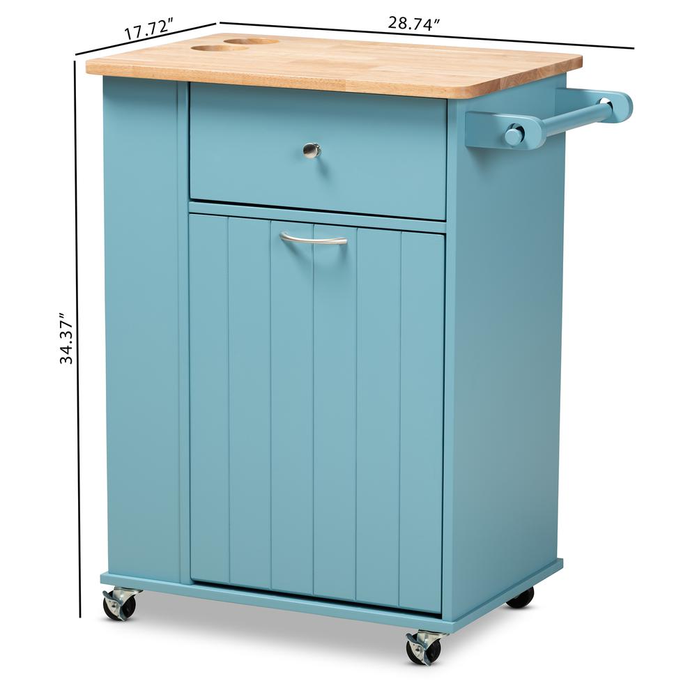 Liona Modern and Contemporary Sky Blue Finished Wood Kitchen Storage Cart. Picture 28