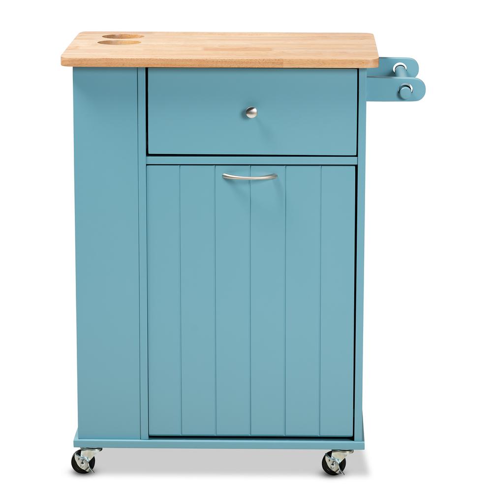 Liona Modern and Contemporary Sky Blue Finished Wood Kitchen Storage Cart. Picture 17