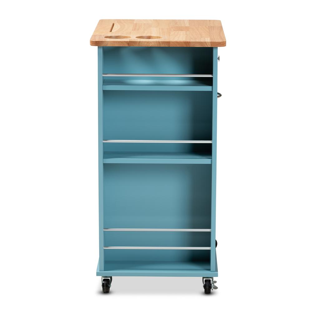 Liona Modern and Contemporary Sky Blue Finished Wood Kitchen Storage Cart. Picture 18