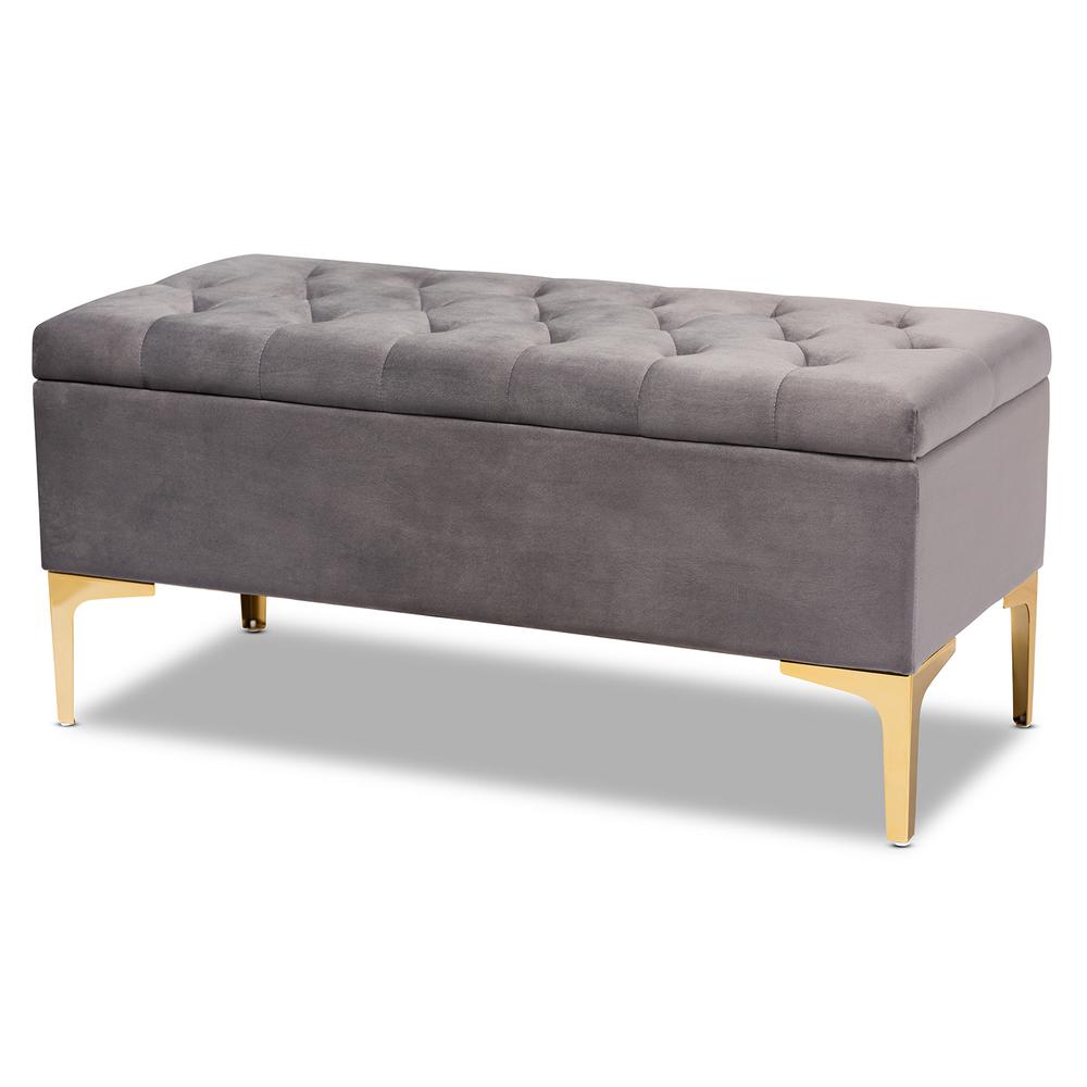 Luxe Grey Velvet Fabric Upholstered Gold Finished Button Tufted Storage Ottoman. Picture 12