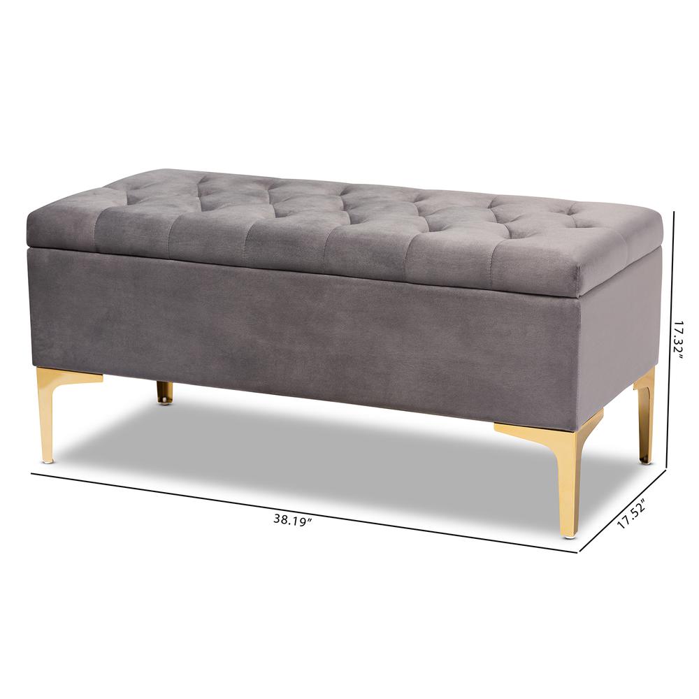 Luxe Grey Velvet Fabric Upholstered Gold Finished Button Tufted Storage Ottoman. Picture 22