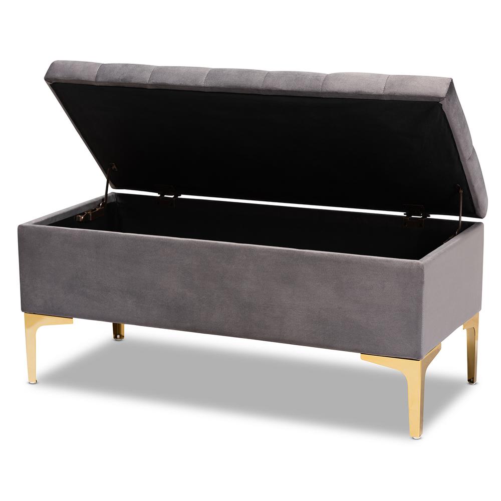 Luxe Grey Velvet Fabric Upholstered Gold Finished Button Tufted Storage Ottoman. Picture 13