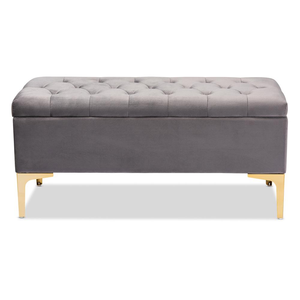 Luxe Grey Velvet Fabric Upholstered Gold Finished Button Tufted Storage Ottoman. Picture 14