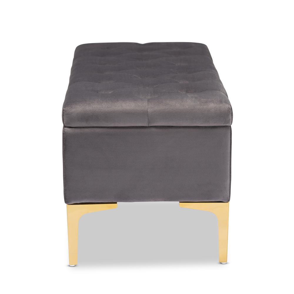 Luxe Grey Velvet Fabric Upholstered Gold Finished Button Tufted Storage Ottoman. Picture 15