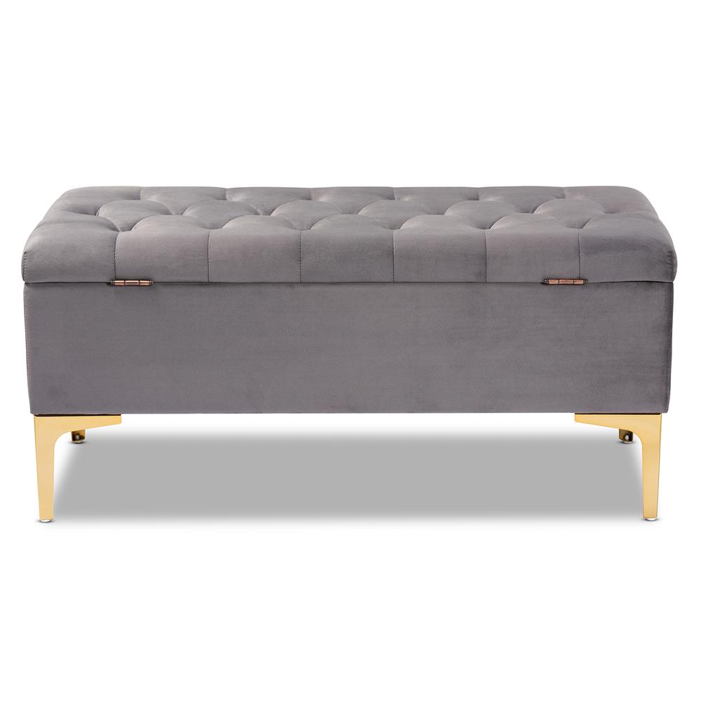 Luxe Grey Velvet Fabric Upholstered Gold Finished Button Tufted Storage Ottoman. Picture 16