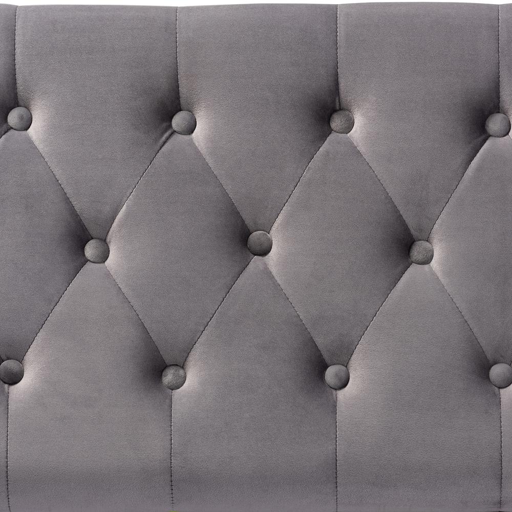 Luxe Grey Velvet Fabric Upholstered Gold Finished Button Tufted Storage Ottoman. Picture 17