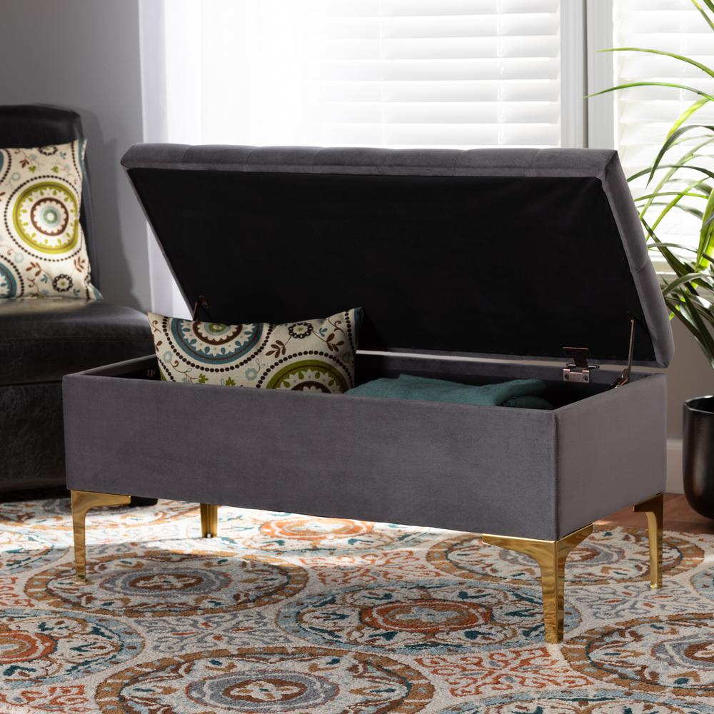 Luxe Grey Velvet Fabric Upholstered Gold Finished Button Tufted Storage Ottoman. Picture 20