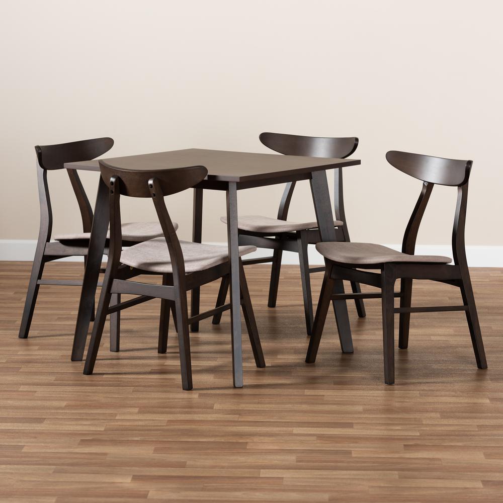 Beige Fabric Upholstered Dark Oak Brown Finished 5-Piece Wood Dining Set. Picture 15