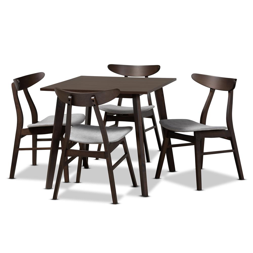 Baxton Studio Britte Mid-Century Modern Light Grey Fabric Upholstered Dark Oak Brown Finished 5-Piece Wood Dining Set. Picture 10