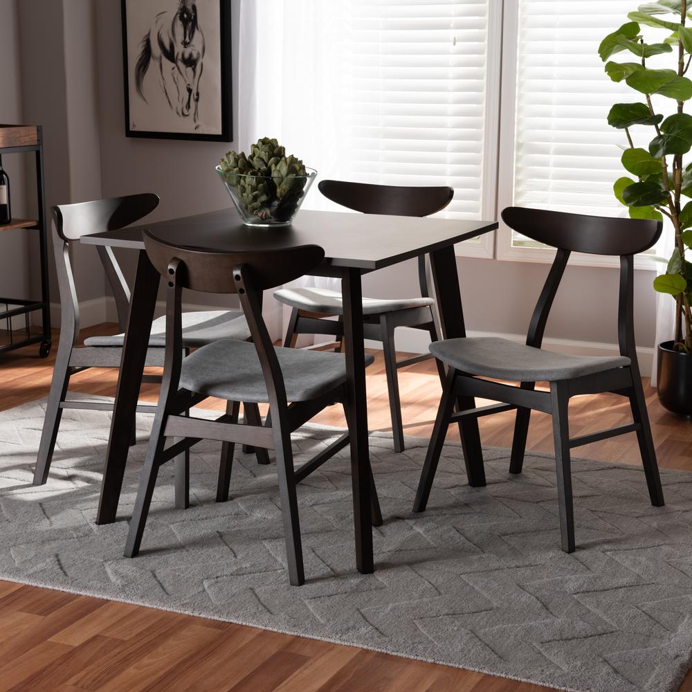 Baxton Studio Britte Mid-Century Modern Light Grey Fabric Upholstered Dark Oak Brown Finished 5-Piece Wood Dining Set. Picture 9
