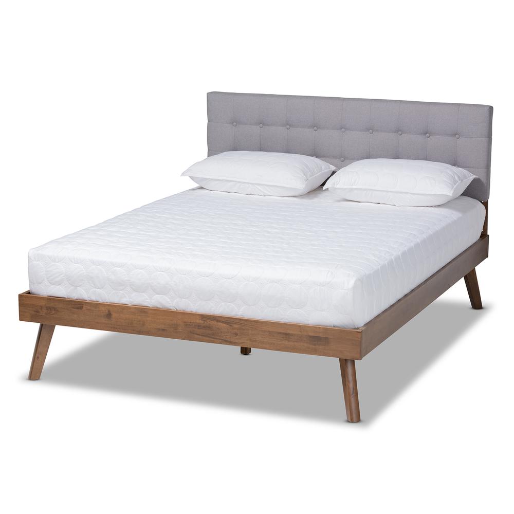 Light Grey Fabric Upholstered Walnut Brown Finished Wood Full Size Platform Bed. Picture 11