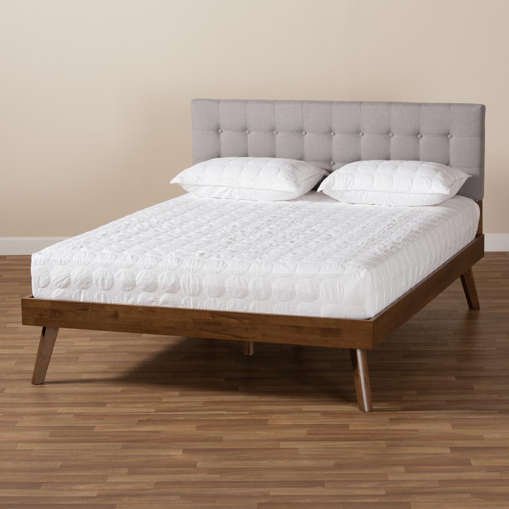 Light Grey Fabric Upholstered Walnut Brown Finished Wood Full Size Platform Bed. Picture 17