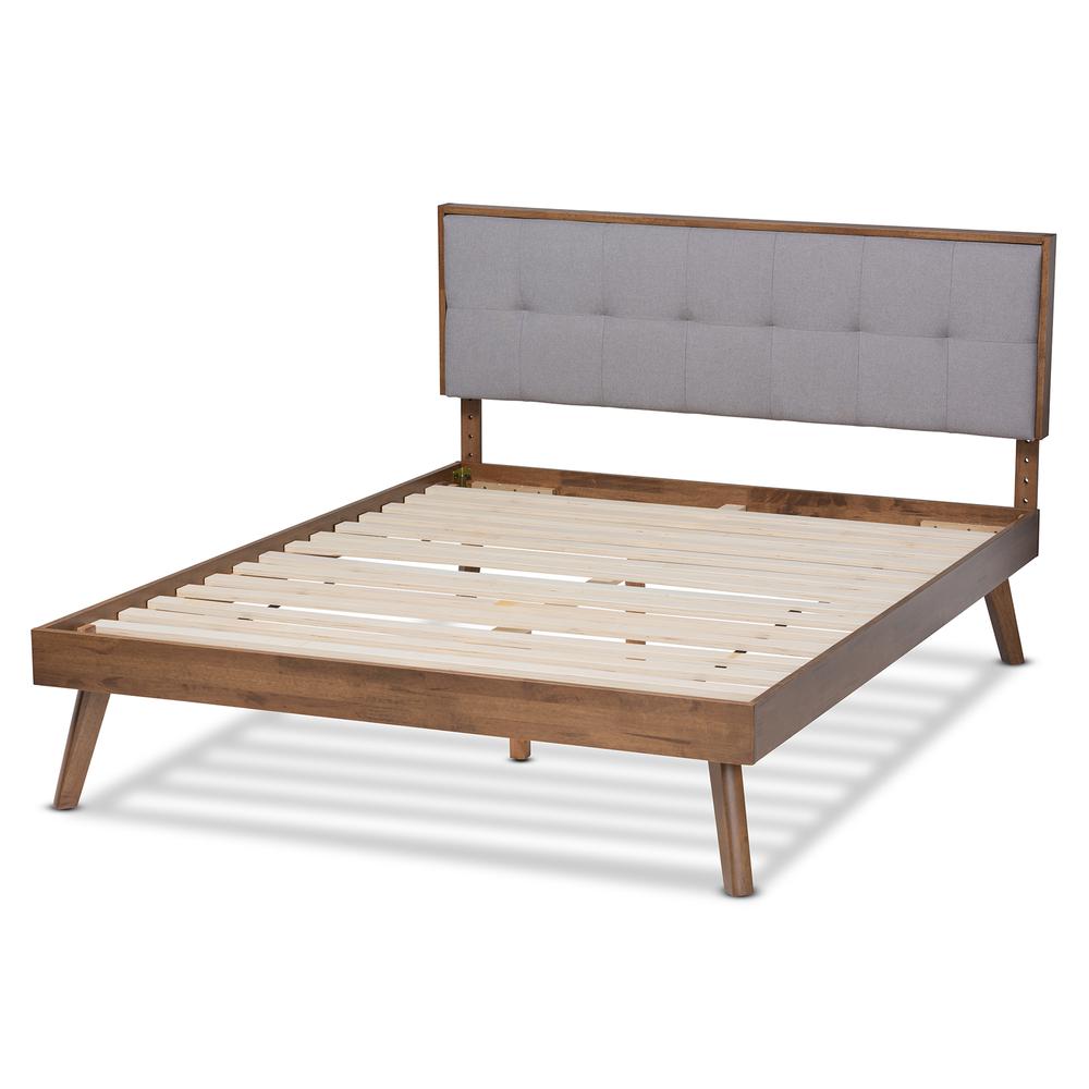 Light Grey Fabric Upholstered Walnut Brown Finished Wood Full Size Platform Bed. Picture 13