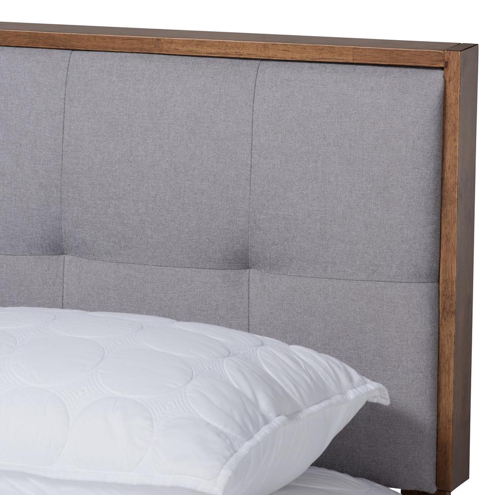 Light Grey Fabric Upholstered Walnut Brown Finished Wood Full Size Platform Bed. Picture 14