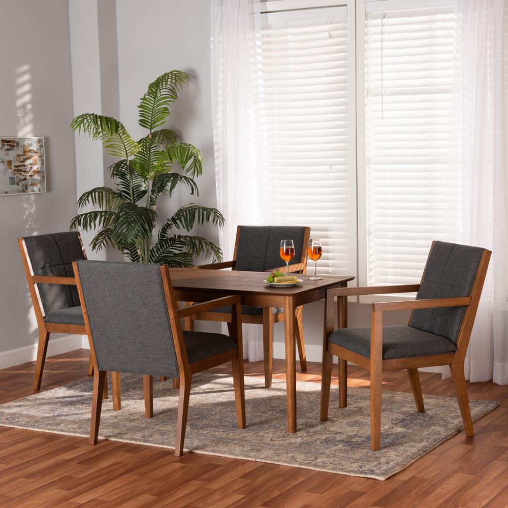 Dark Grey Fabric Upholstered and Walnut Brown Finished Wood 5-Piece Dining Set. Picture 18