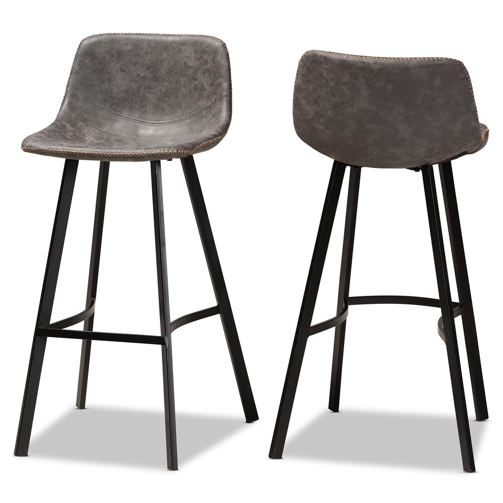 Baxton Studio Tani Rustic Industrial Grey and Brown Faux Leather Upholstered Black Finished 2-Piece Metal Bar Stool Set. Picture 9