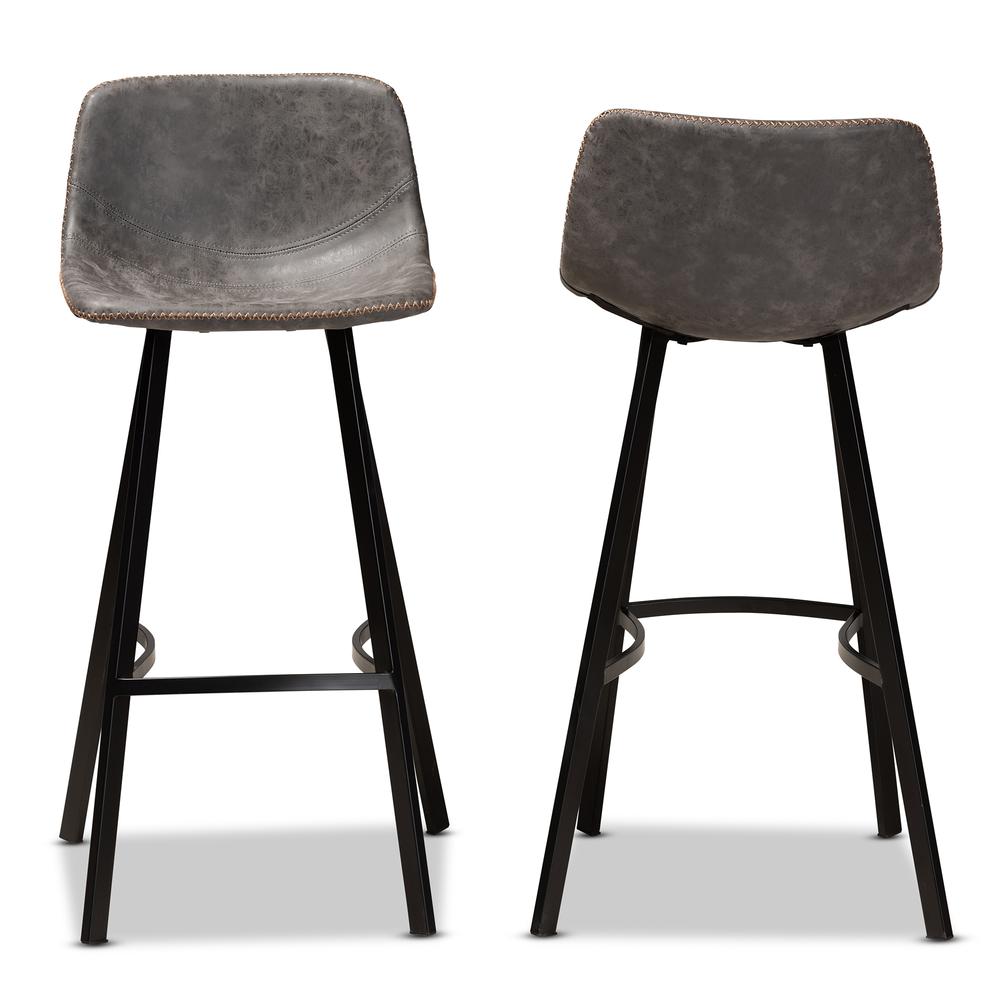 Baxton Studio Tani Rustic Industrial Grey and Brown Faux Leather Upholstered Black Finished 2-Piece Metal Bar Stool Set. Picture 10