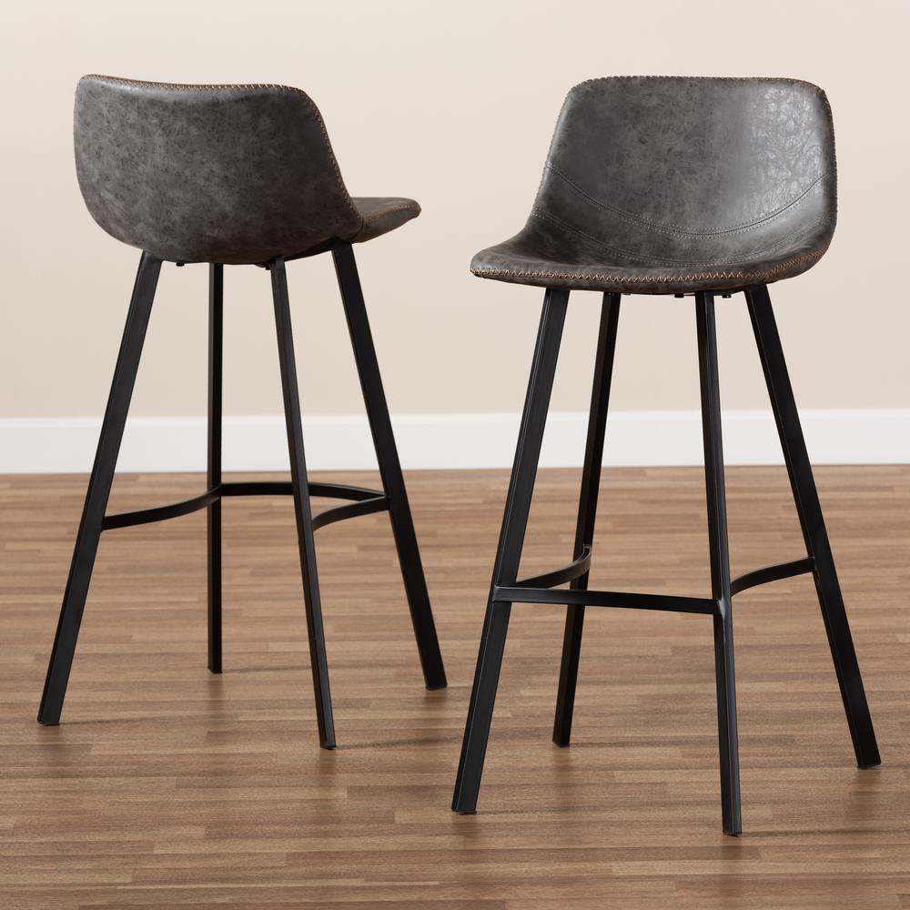 Baxton Studio Tani Rustic Industrial Grey and Brown Faux Leather Upholstered Black Finished 2-Piece Metal Bar Stool Set. Picture 14