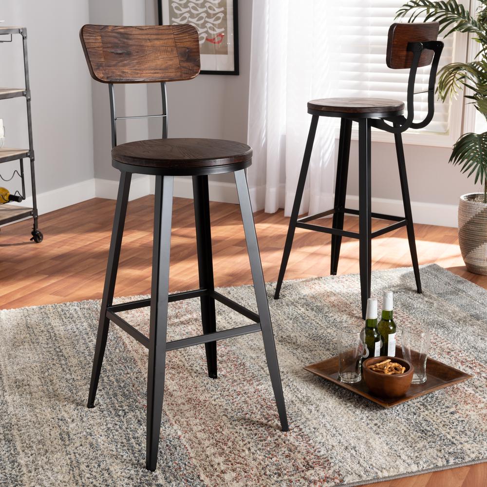 Baxton Studio Kenna Vintage Rustic Industrial Wood and Black Metal Finished 2-Piece Metal Bar Stool Set. Picture 6