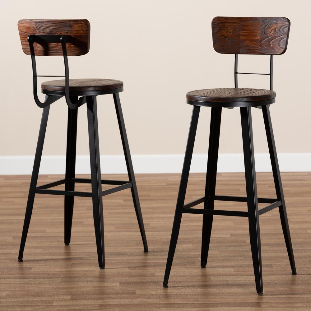 Baxton Studio Kenna Vintage Rustic Industrial Wood and Black Metal Finished 2-Piece Metal Bar Stool Set. Picture 14
