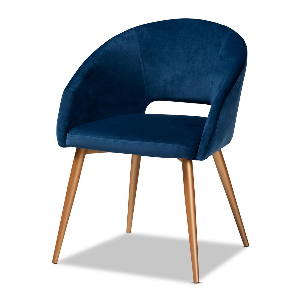 Luxe Navy Blue Velvet Fabric Upholstered Gold Finished Metal Dining Chair. Picture 7