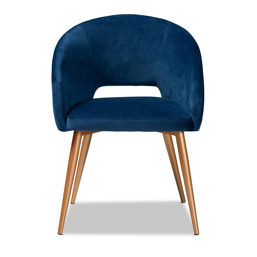 Luxe Navy Blue Velvet Fabric Upholstered Gold Finished Metal Dining Chair. Picture 8