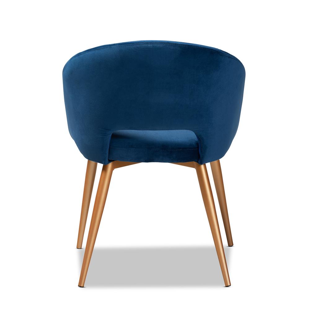 Luxe Navy Blue Velvet Fabric Upholstered Gold Finished Metal Dining Chair. Picture 10