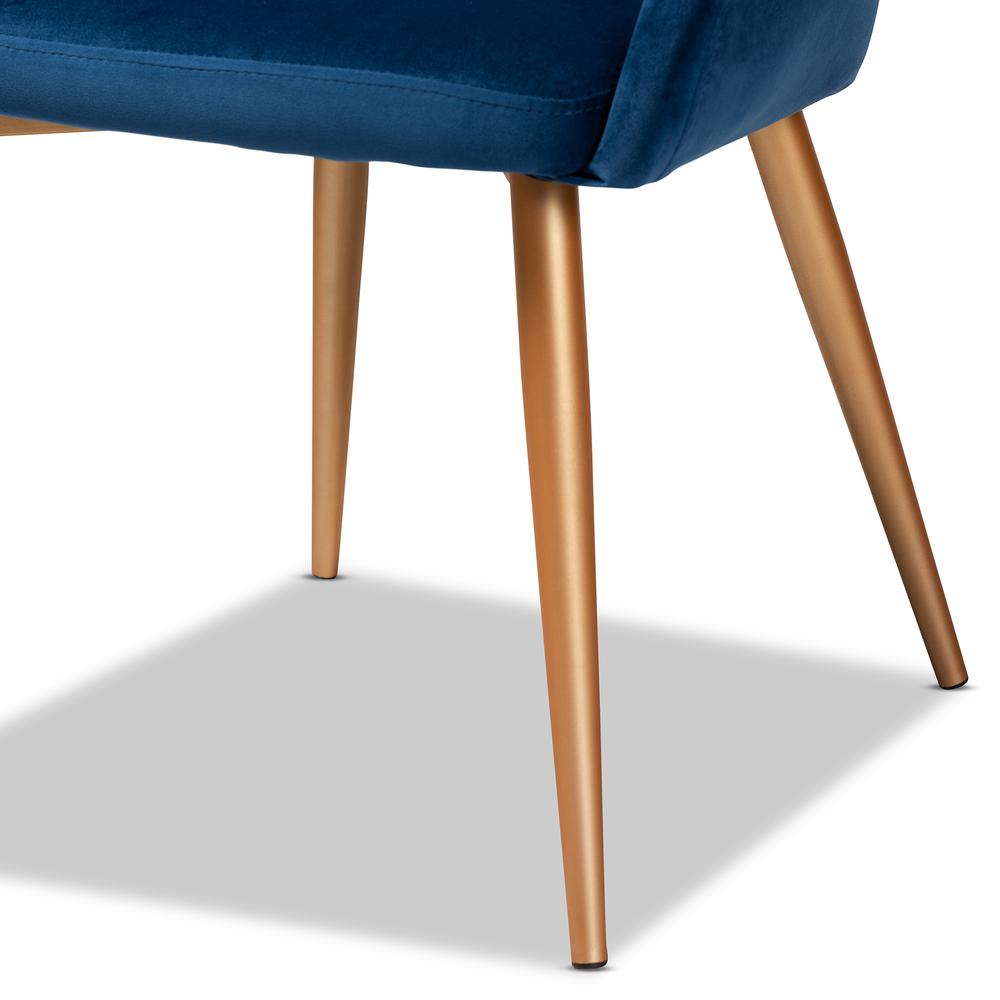 Luxe Navy Blue Velvet Fabric Upholstered Gold Finished Metal Dining Chair. Picture 12