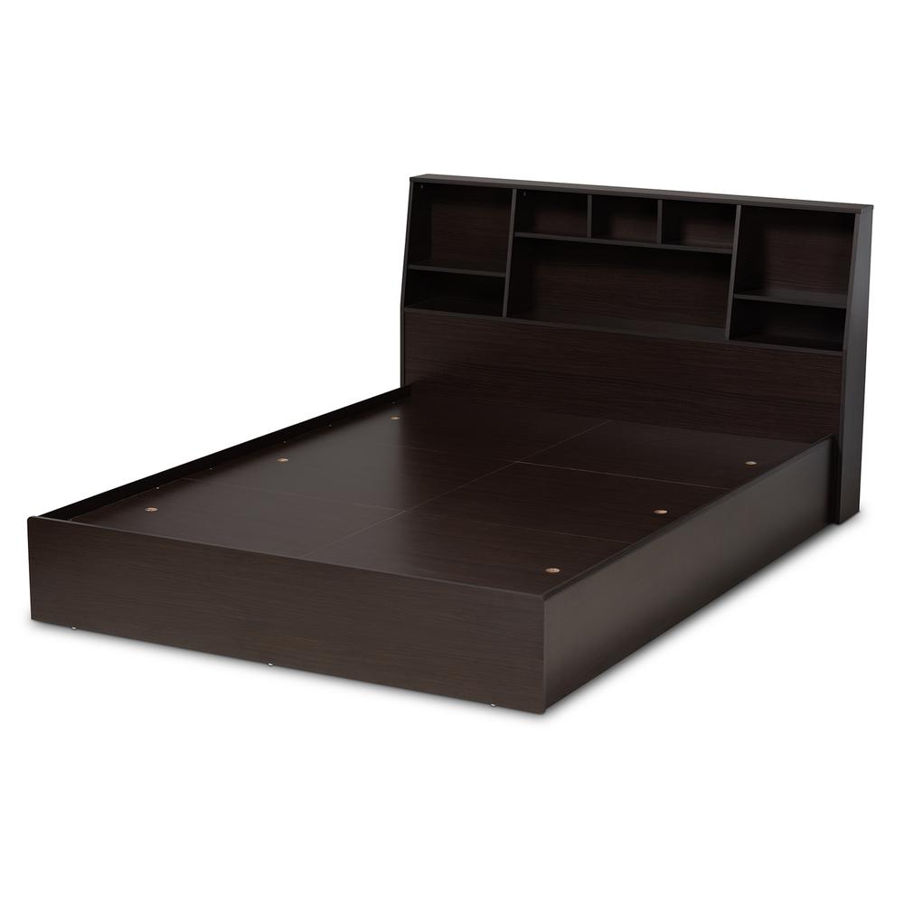Dark Brown Finished Wood Queen Size Platform Storage Bed with Shelves. Picture 10