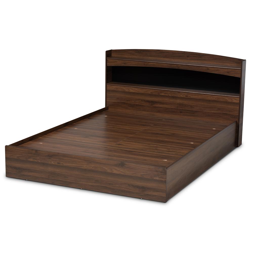 Rustic Walnut Brown Finished Wood Queen Size Platform Bed with Shelves. Picture 10
