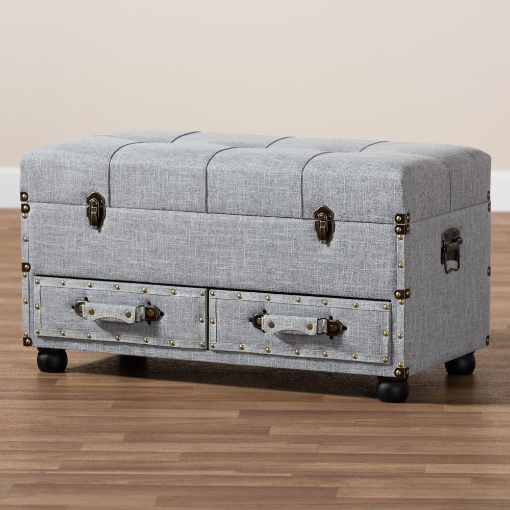 Flynn Modern Transitional Grey Fabric Upholstered 2-Drawer Storage Trunk Ottoman. Picture 23