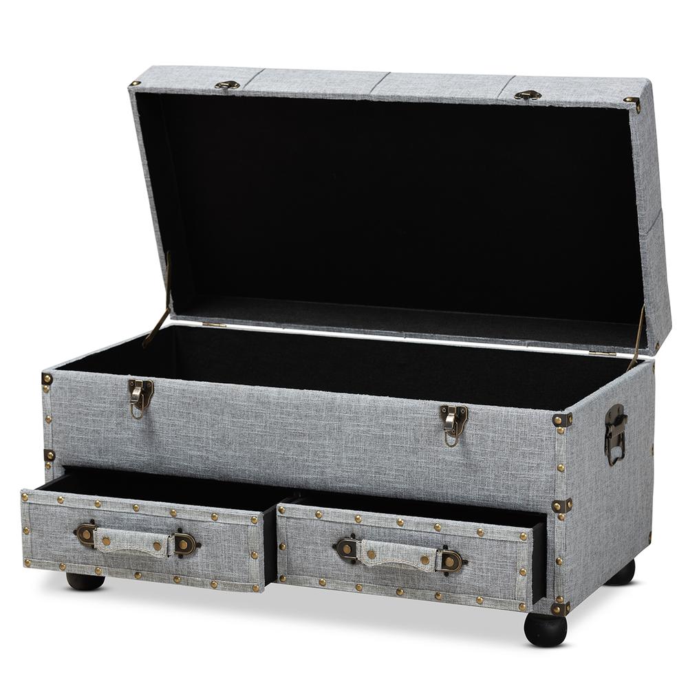 Flynn Modern Transitional Grey Fabric Upholstered 2-Drawer Storage Trunk Ottoman. Picture 14