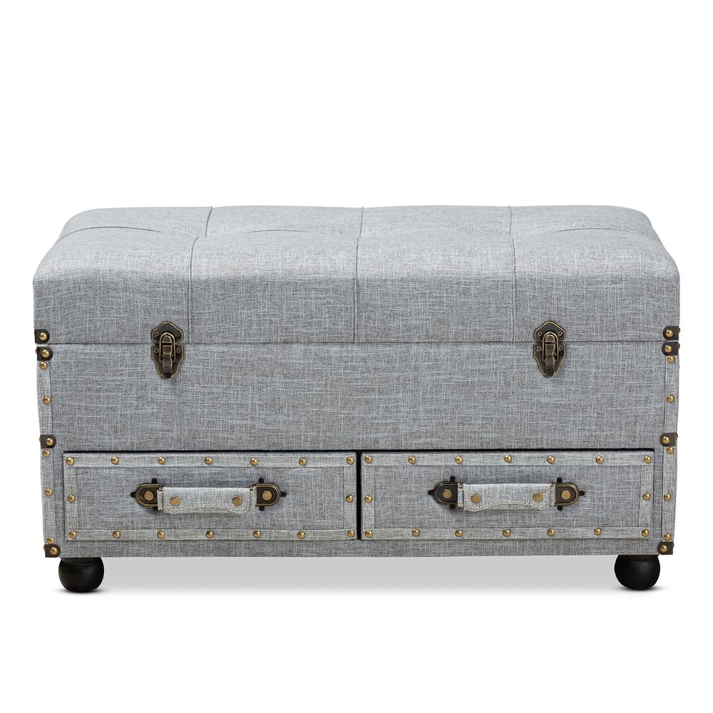 Flynn Modern Transitional Grey Fabric Upholstered 2-Drawer Storage Trunk Ottoman. Picture 15