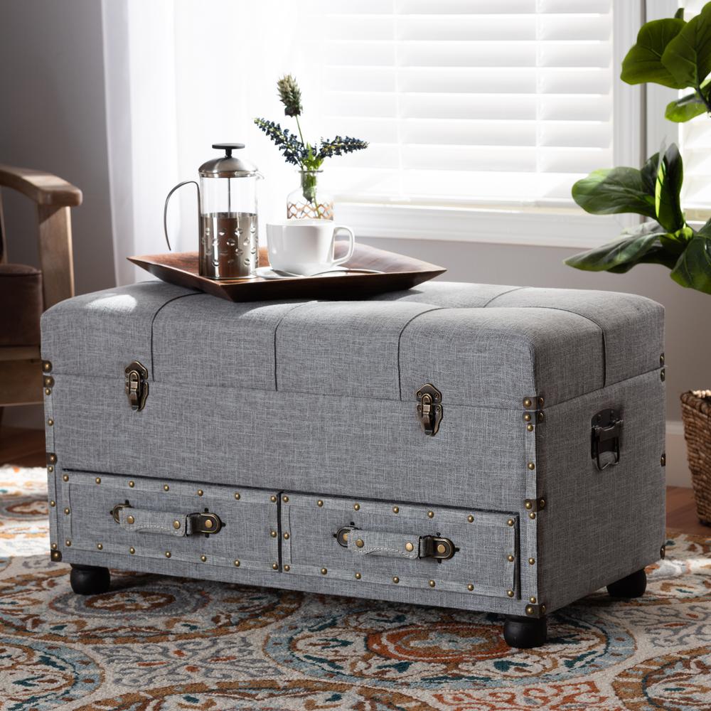 Flynn Modern Transitional Grey Fabric Upholstered 2-Drawer Storage Trunk Ottoman. Picture 21