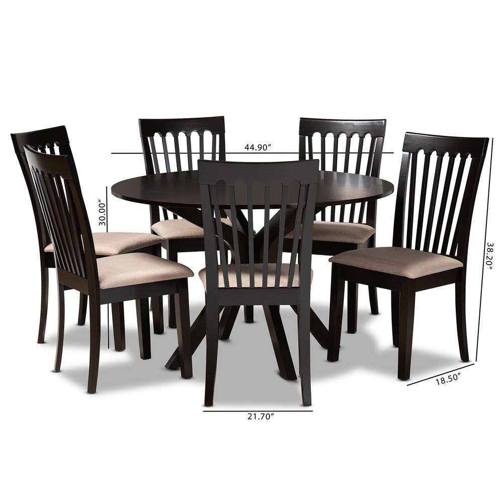 Sand Fabric Upholstered and Dark Brown Finished Wood 7-Piece Dining Set. Picture 18