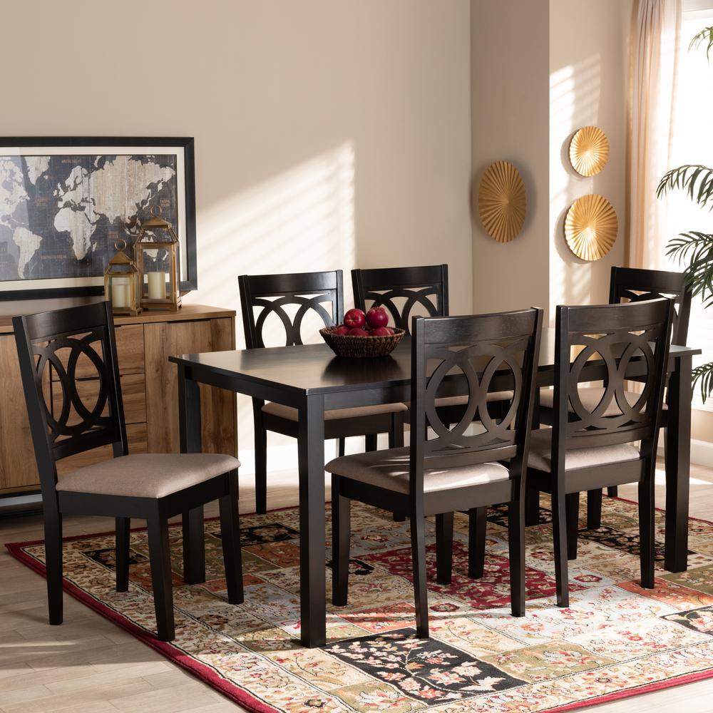 Lenoir Modern and Contemporary Sand Fabric Upholstered Espresso Brown Finished Wood 7-Piece Dining Set. Picture 5