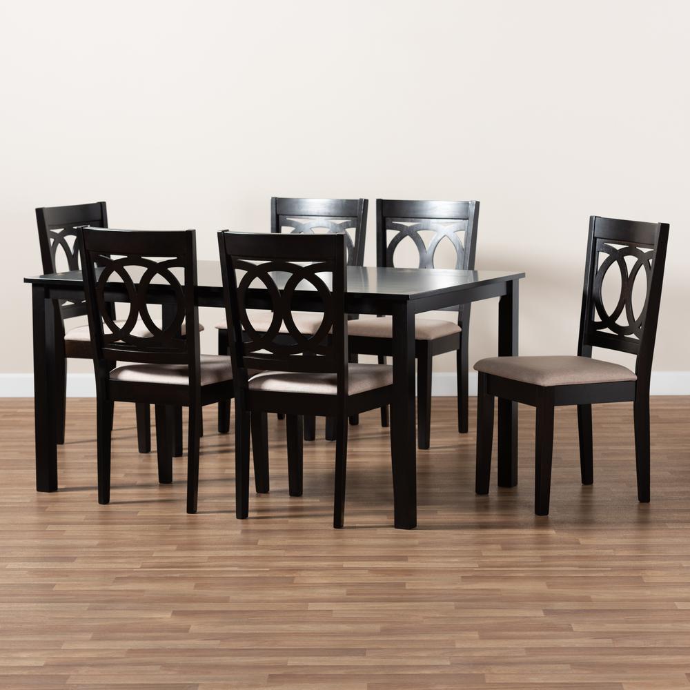 Sand Fabric Upholstered Espresso Brown Finished Wood 7-Piece Dining Set. Picture 13