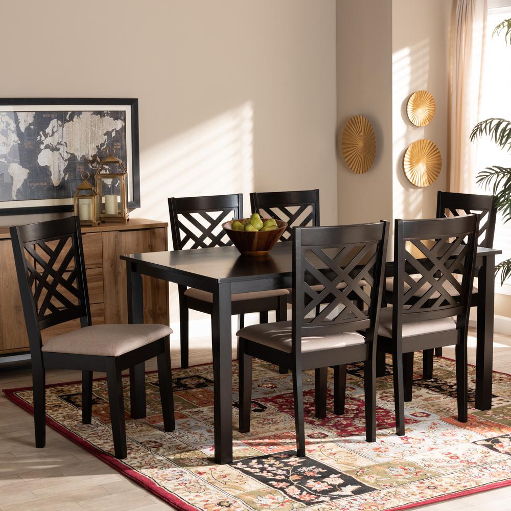 Sand Fabric Upholstered Espresso Brown Finished Wood 7-Piece Dining Set. Picture 12