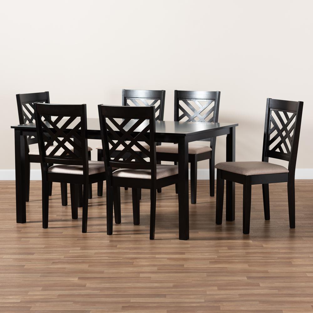 Sand Fabric Upholstered Espresso Brown Finished Wood 7-Piece Dining Set. Picture 13