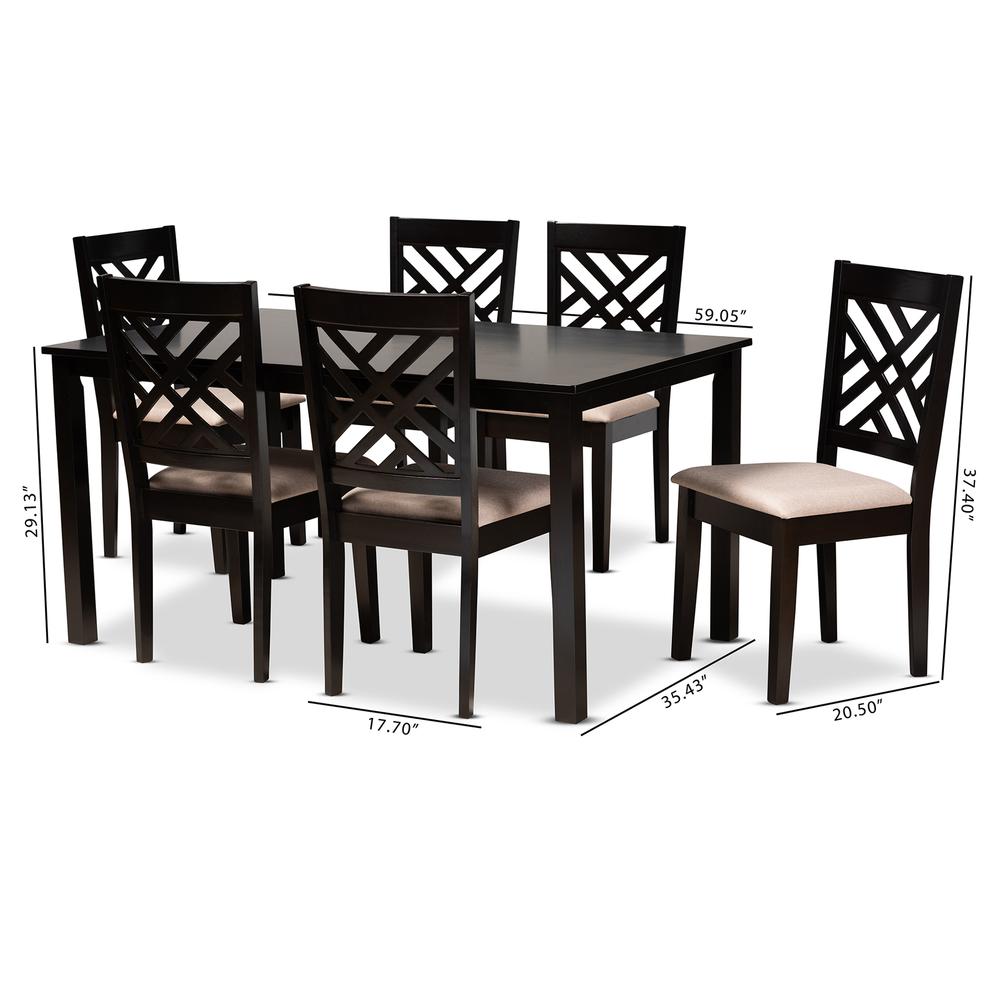 Sand Fabric Upholstered Espresso Brown Finished Wood 7-Piece Dining Set. Picture 14