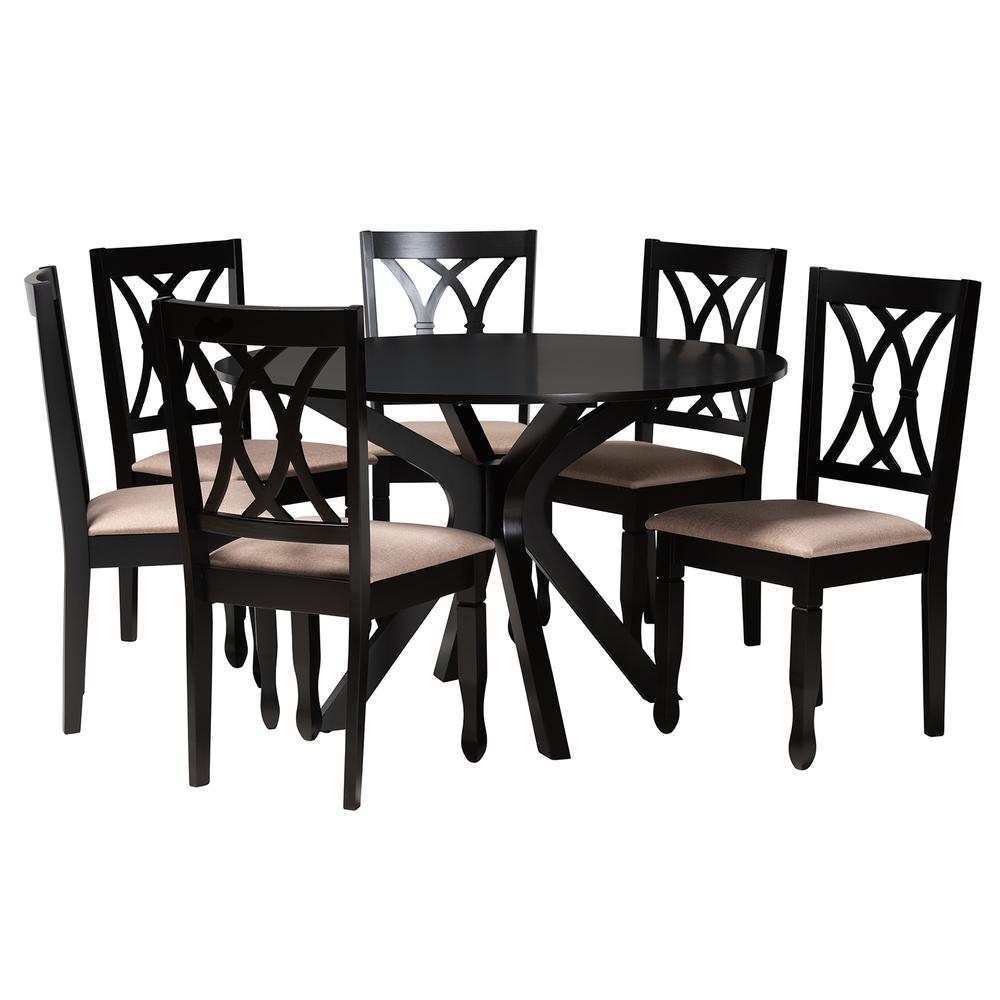 Maya Modern Beige Fabric and Espresso Brown Finished Wood 7-Piece Dining Set. Picture 11