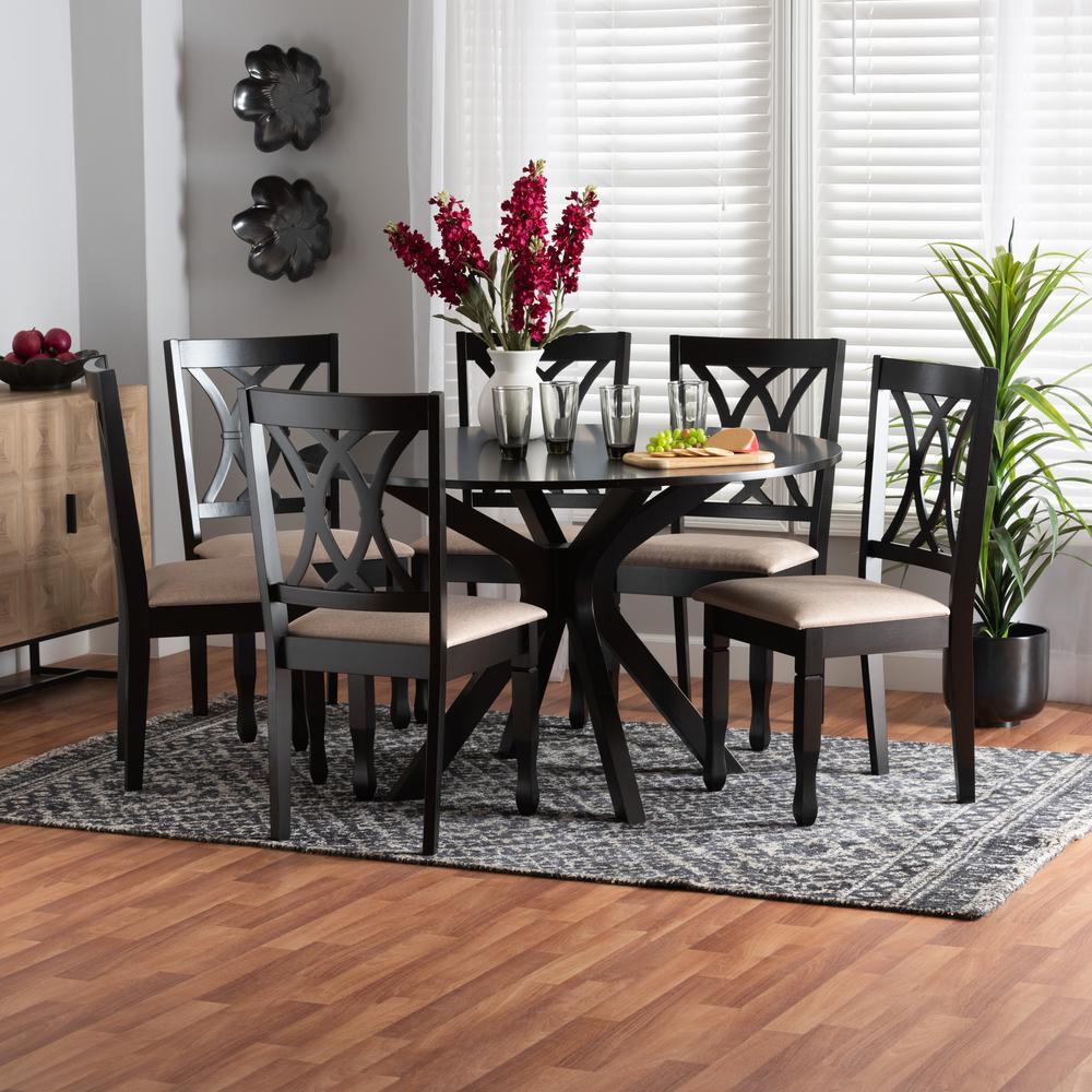 Maya Modern Beige Fabric and Espresso Brown Finished Wood 7-Piece Dining Set. Picture 18