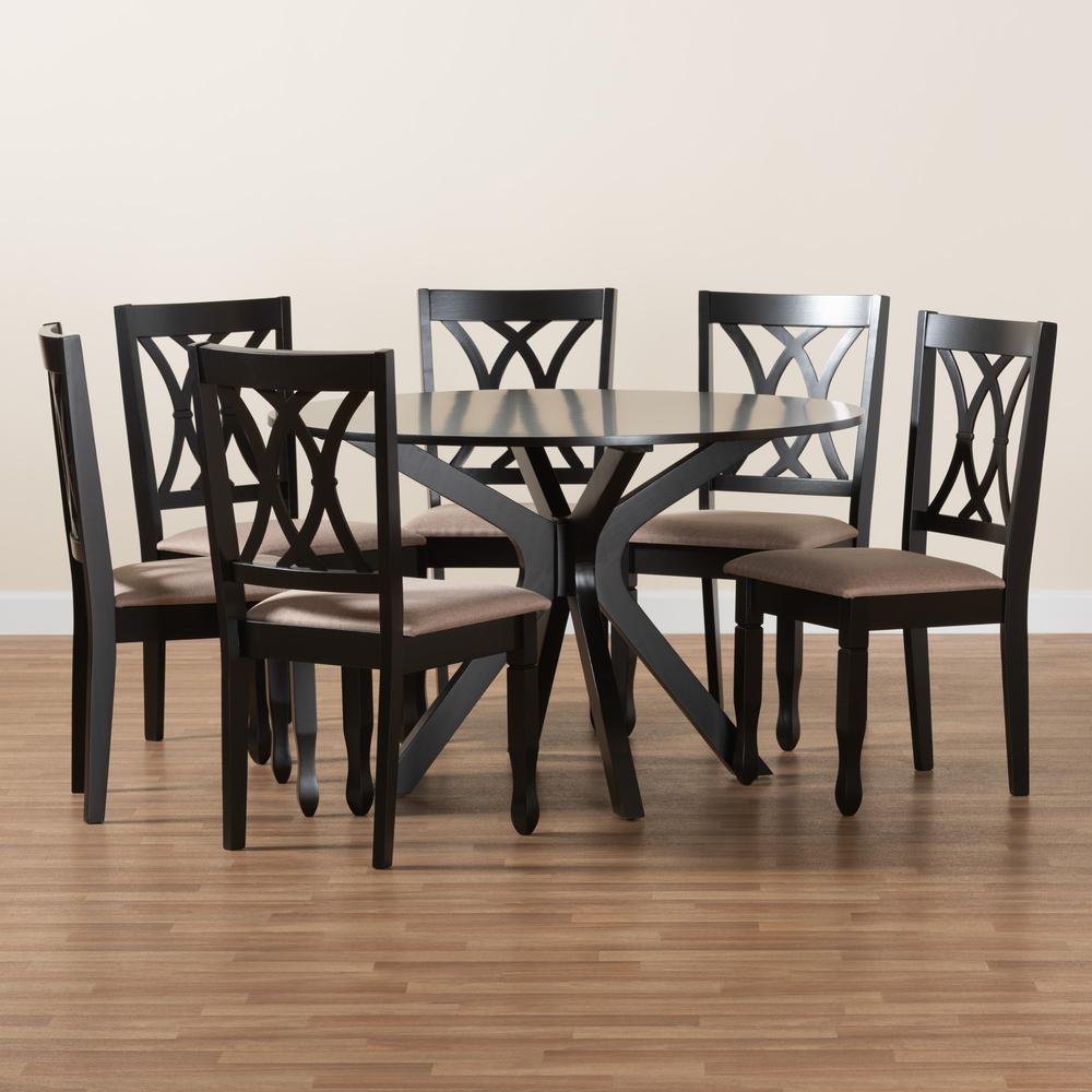 Maya Modern Beige Fabric and Espresso Brown Finished Wood 7-Piece Dining Set. Picture 19