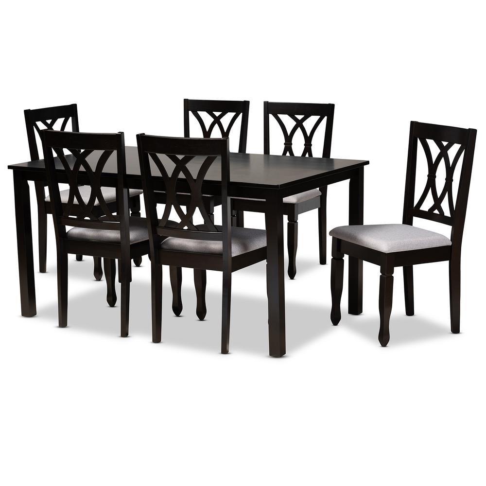 Grey Fabric Upholstered Espresso Brown Finished Wood 7-Piece Dining Set. Picture 9
