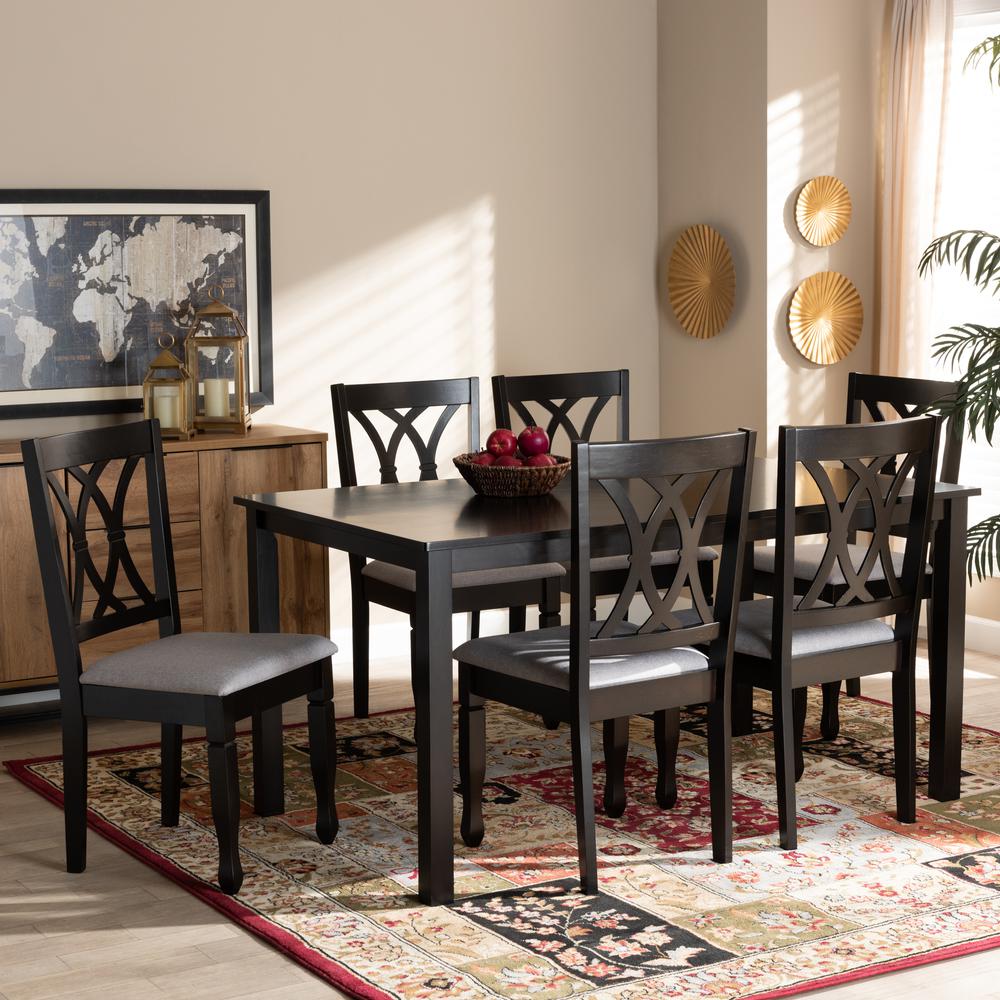 Grey Fabric Upholstered Espresso Brown Finished Wood 7-Piece Dining Set. Picture 14