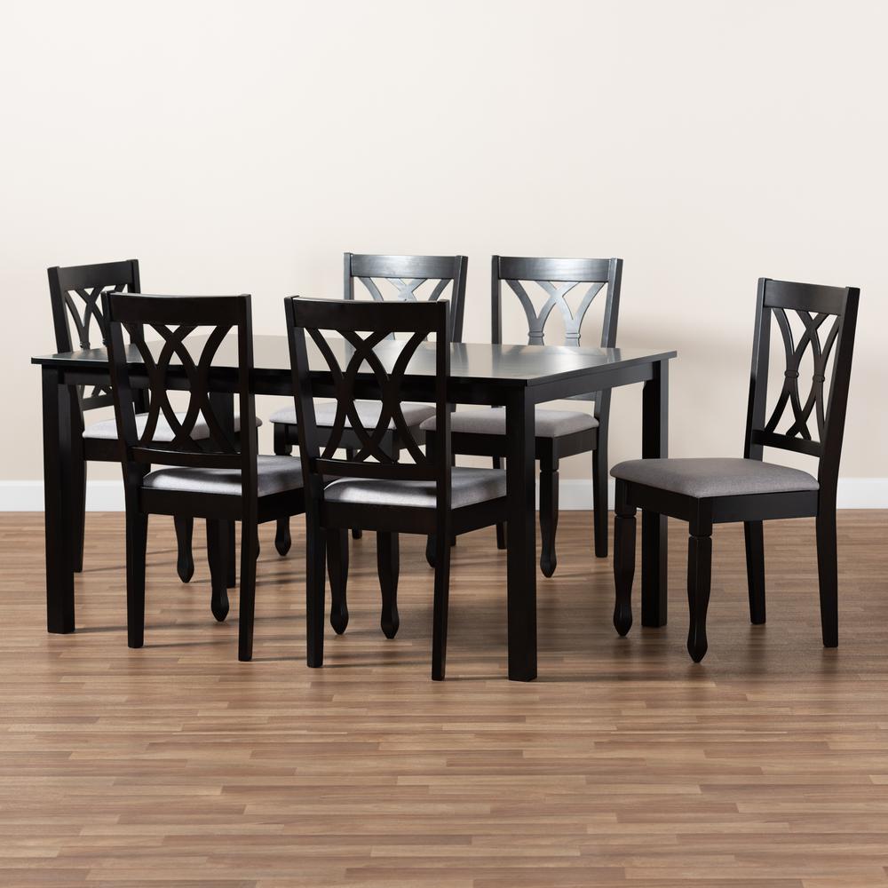 Grey Fabric Upholstered Espresso Brown Finished Wood 7-Piece Dining Set. Picture 15