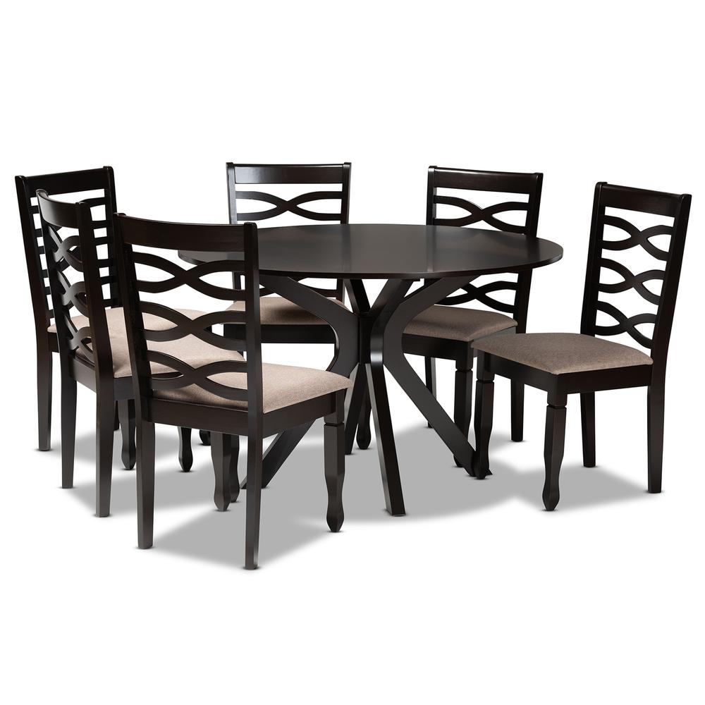 Sand Fabric Upholstered Dark Brown Finished Wood 7-Piece Dining Set. Picture 10