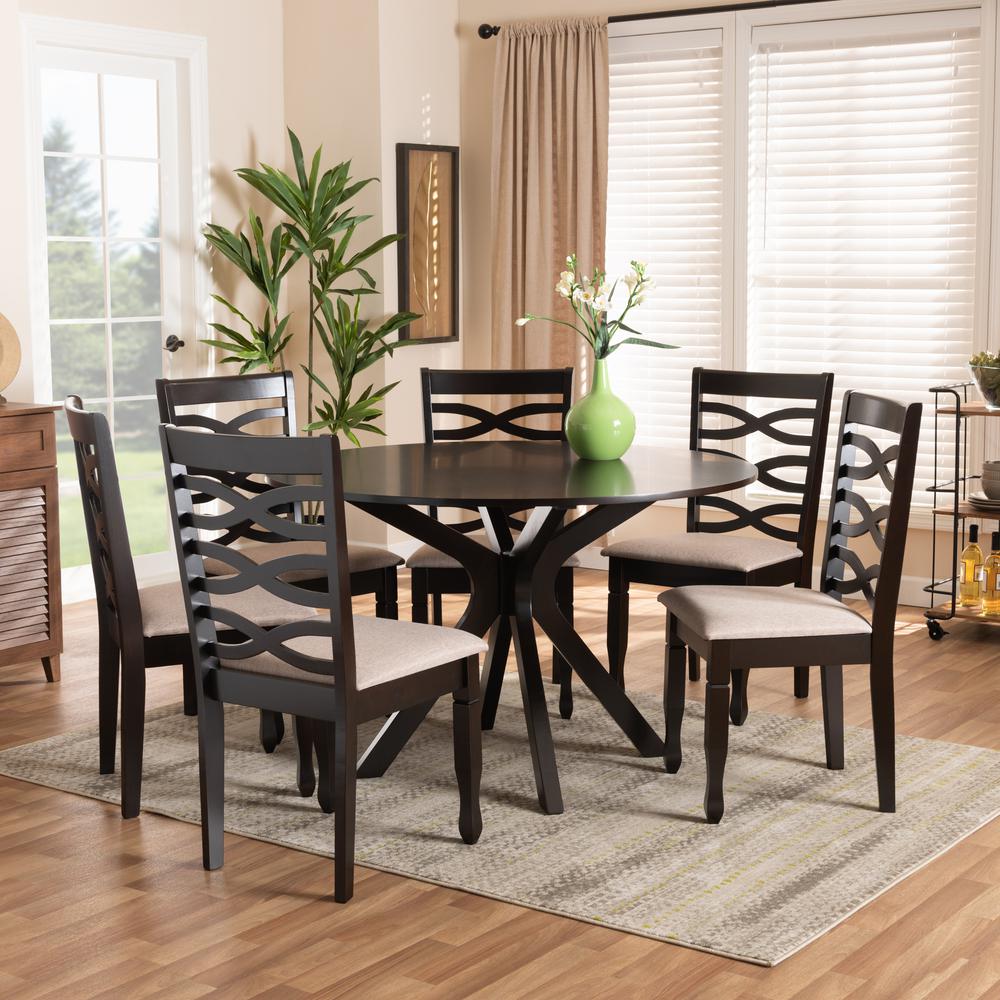 Sand Fabric Upholstered Dark Brown Finished Wood 7-Piece Dining Set. Picture 16